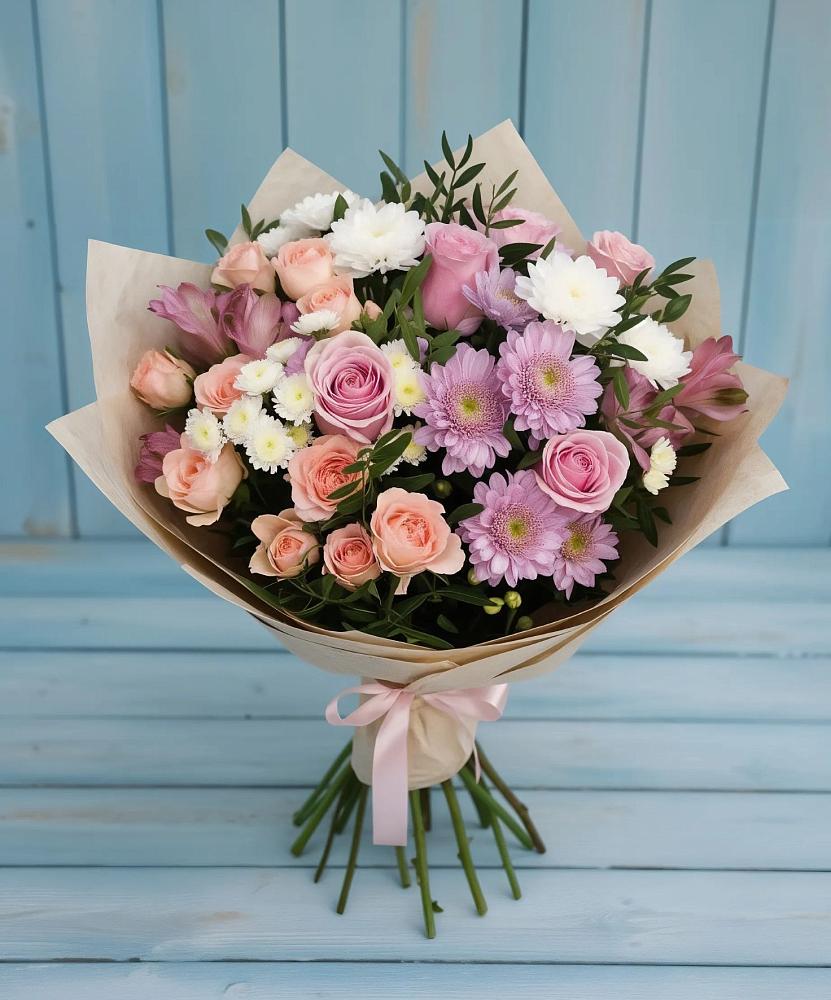 Букет цветов из: Хризантемы, Розы и Альстромерии в Верхнебаканский
