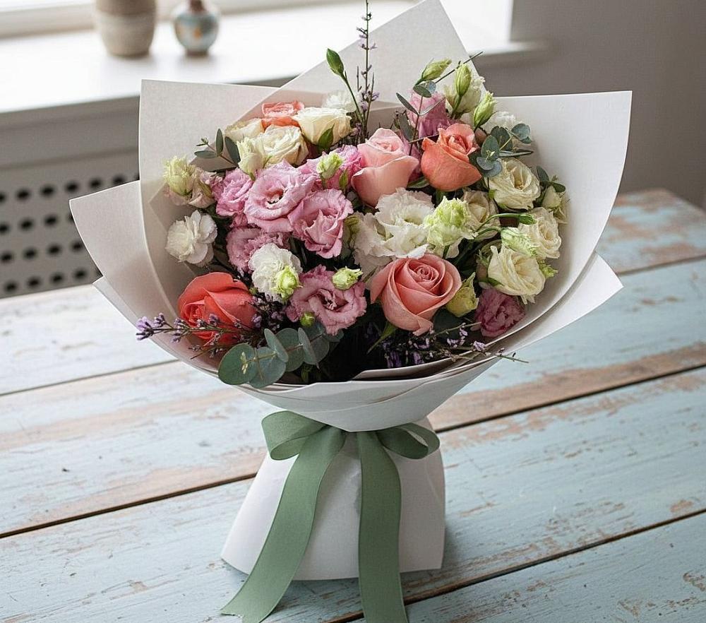 Букет цветов из: Розы, Лизиантусы и Гвоздики в Верхнебаканский