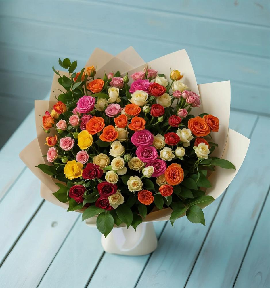 Букет Микс из разноцветных кустовых роз в Верхнебаканский