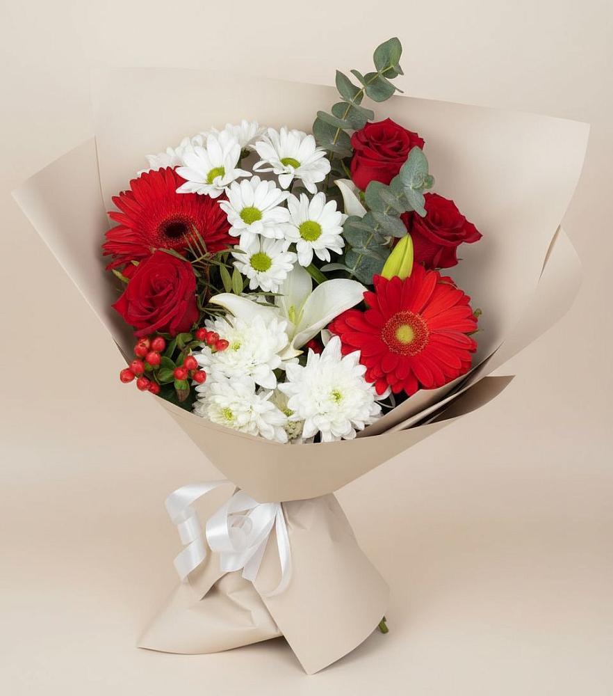 Букет цветов из: Розы, Хризантемы, Герберы и Лилии в Верхнебаканский