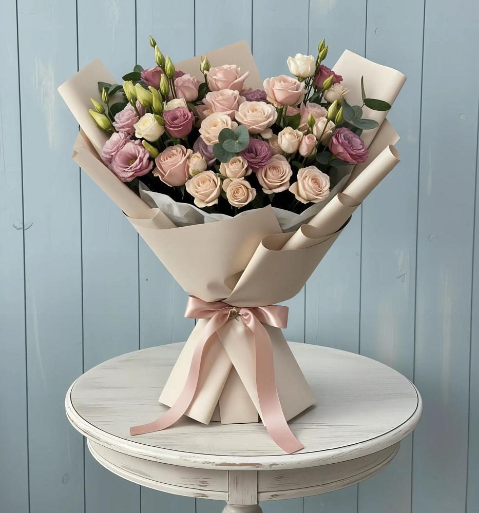 Букет цветов из: Розы и Лизиантусы в Верхнебаканский