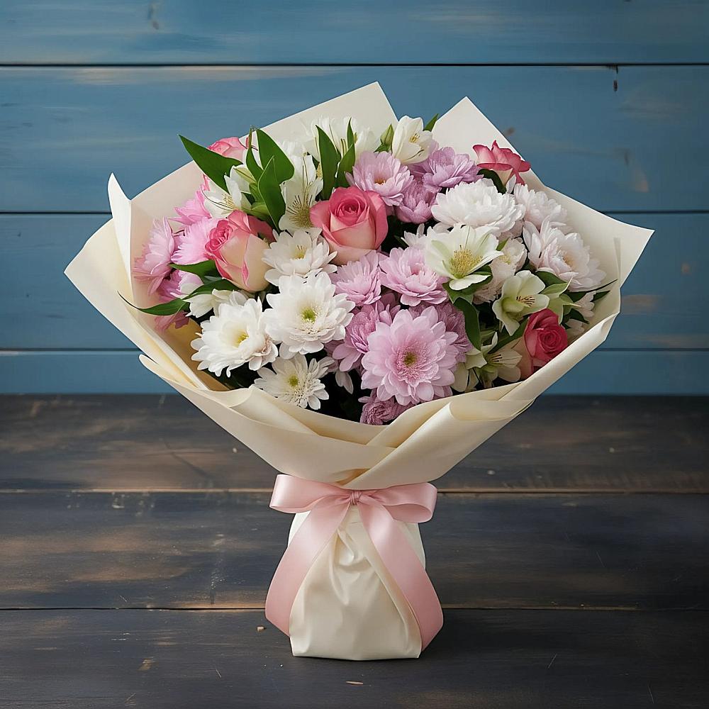 Букет цветов из: Хризантемы, Альстромерии и Розы в Верхнебаканский